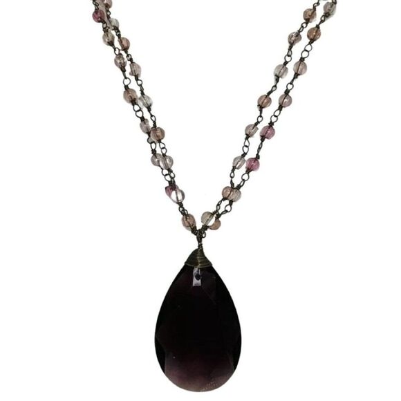 Jewelry - Vintage Purple Tear Drop Pendant Double Strand Beaded Chain Women’s Necklace 18”